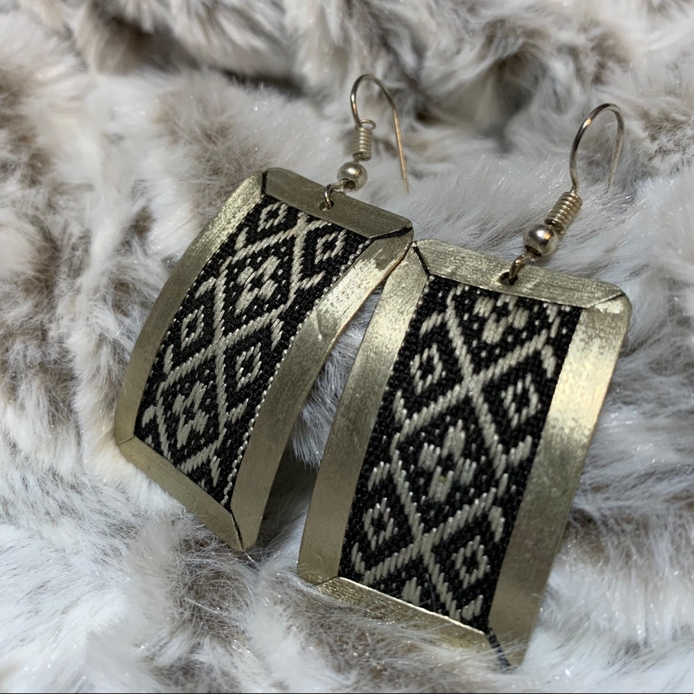 Vintage Embroidered Silver Earrings